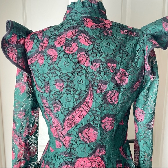 Bizzu Floral Green and Pink lace Whimsical fairy long sleeves Dress size 38 US 6 - Picture 6 of 10